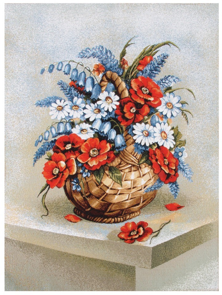 Гобелен "Букет в корзине (красные цветы)" (багет золото)