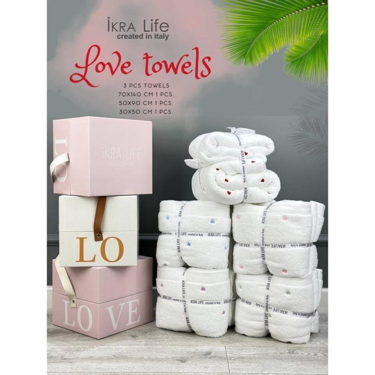 Набор полотенец Ikra Life  MICROCOTTON LOVE Set 3 шт(70х140, 50х90, 30х50), розовое сердечко лучшего качества