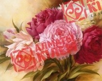 Шелкография "Разноцветные пионы" (багет белый)