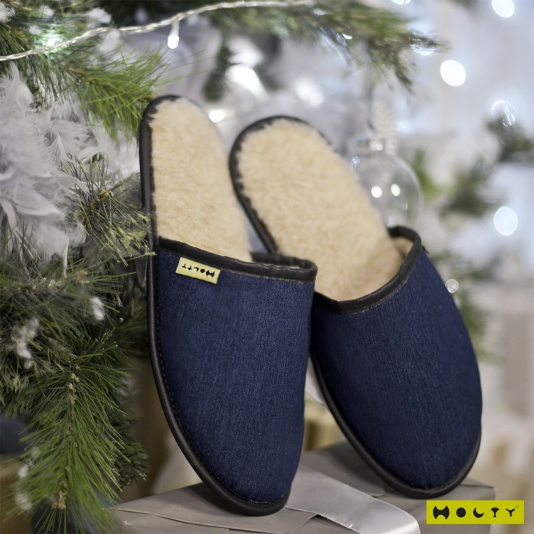 Шлепанцы меховые из дублированного меха мужские "Джинса" (цвет синий) по лучшей цене в Казахстане