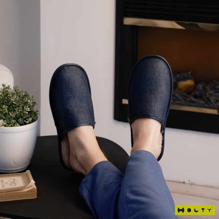 Шлепанцы меховые из дублированного меха мужские "Джинса" (цвет синий) лучшего качества