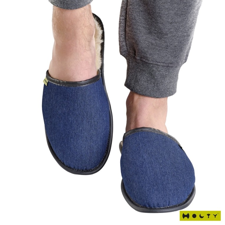 Шлепанцы меховые из дублированного меха мужские "Джинса" (цвет синий) недорого в Алматы