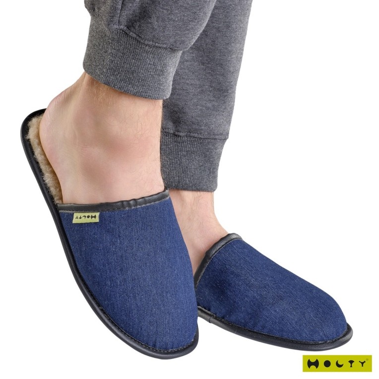 Шлепанцы меховые из дублированного меха мужские "Джинса" (цвет синий) только у нас!